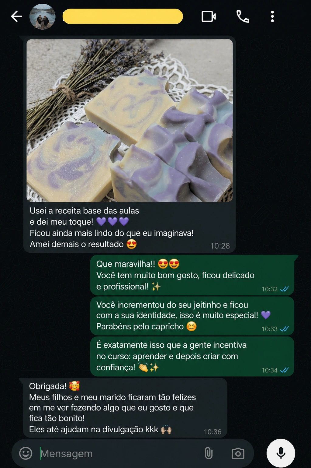 Print de conversa: aluna mostra sabonetes marmorizados em lilás e amarelo com lavanda
